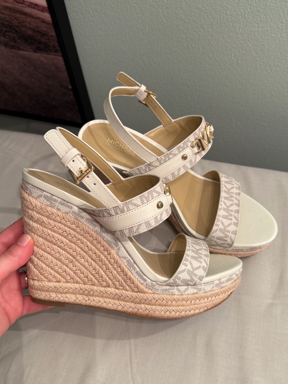 Michael Kors Beige and White Logo Espadrille Wedge Sandals